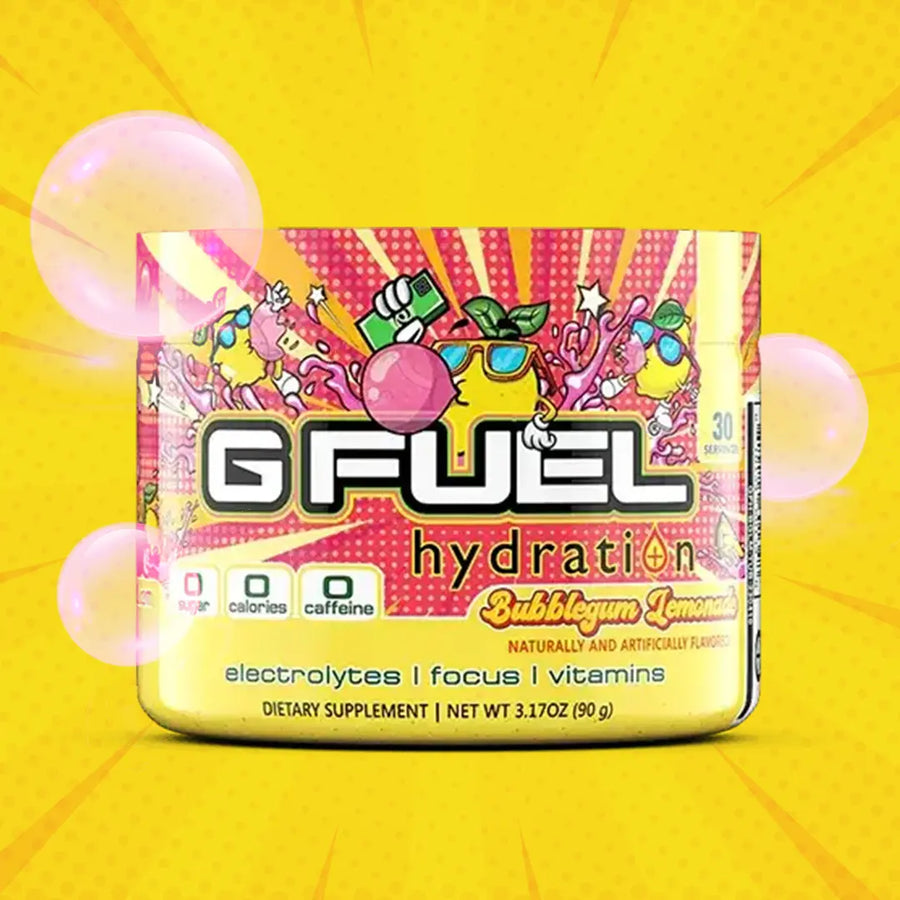 G FUEL caffeine free, Bubblegum lemonade, tub,  product front with fruits and berries