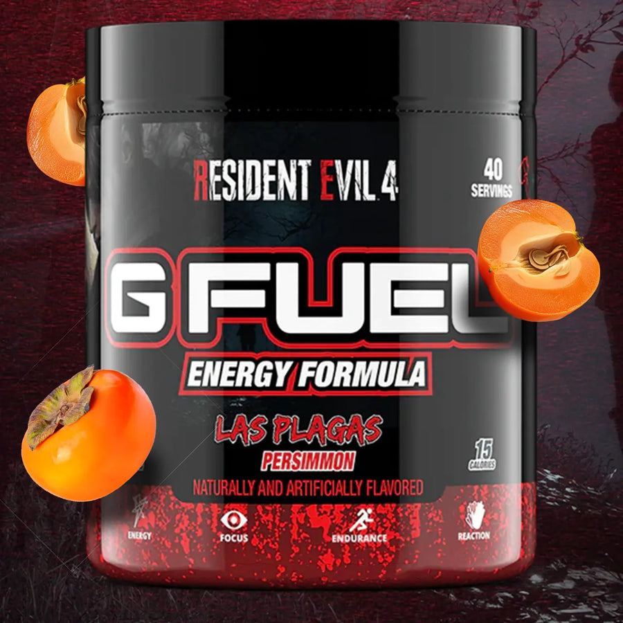 G FUEL energy, Las plagas, tub,  product front matching background and fruits