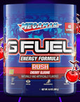 G FUEL energy, Mega man, rush, tub,  product front with matching background and berries