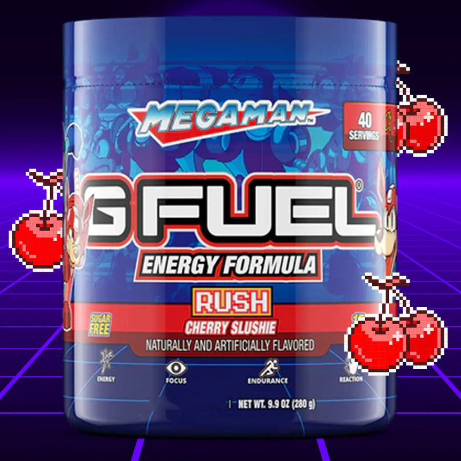 G FUEL energy, Mega man, rush, tub,  product front with matching background and berries