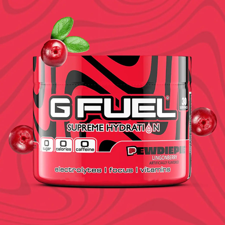 G FUEL caffeine free, Pewdiepie, tub,  product front with matching background and lingonberry