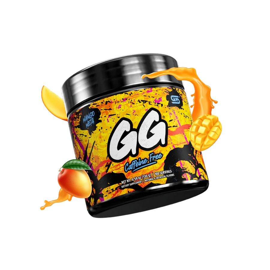 Gamersupps caffeine free, Mango Meta, tub,  product front with fruits