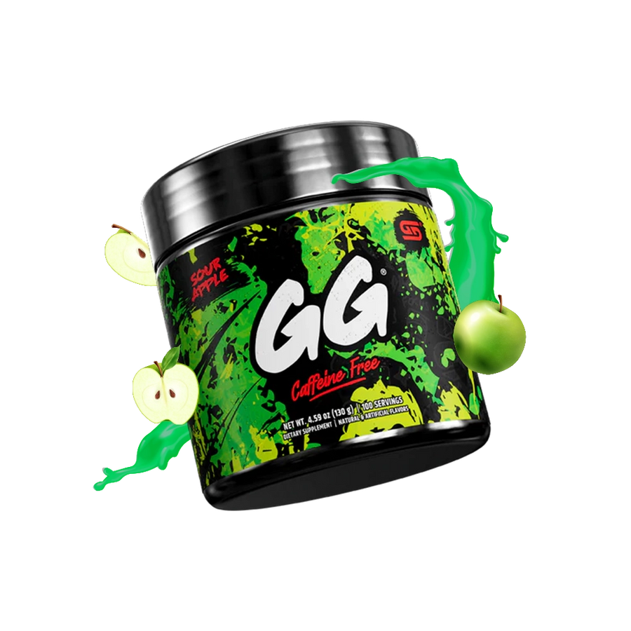 Gamersupps caffeine free, Sour apple, tub,  product front with fruits