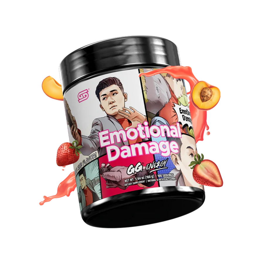 Gamersupps energy, emotional damage, tub,  product front with fruits