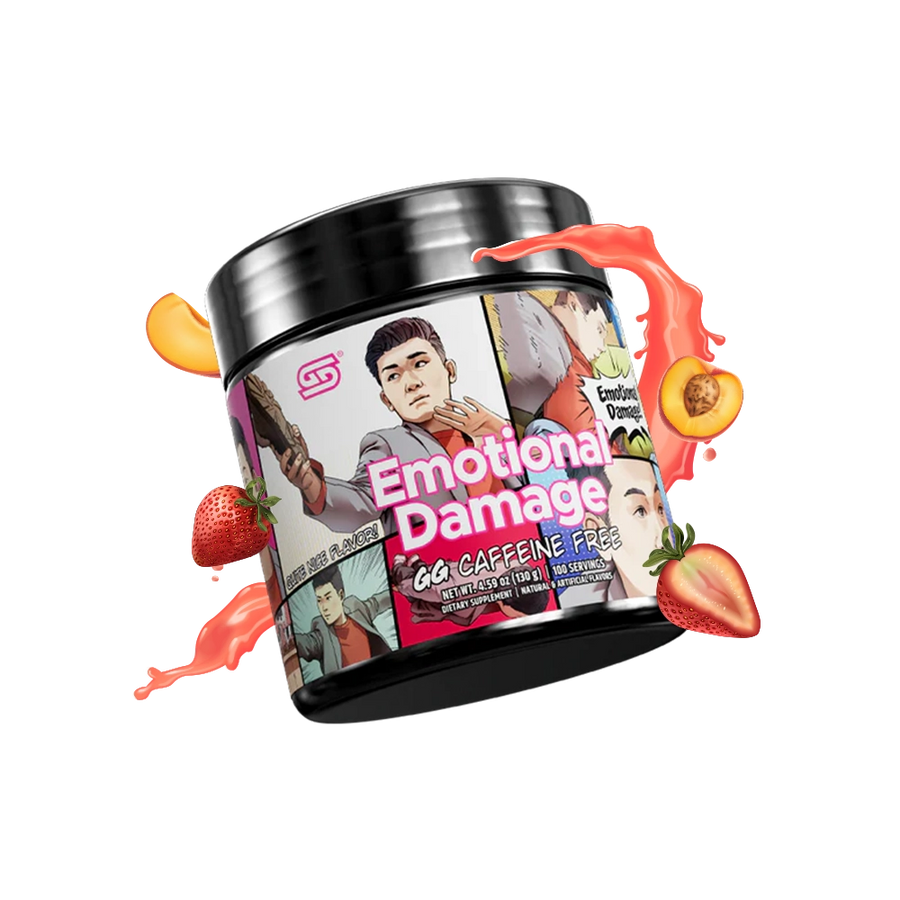 Gamersupps caffeine free, emotional damage, tub,  product front with fruits