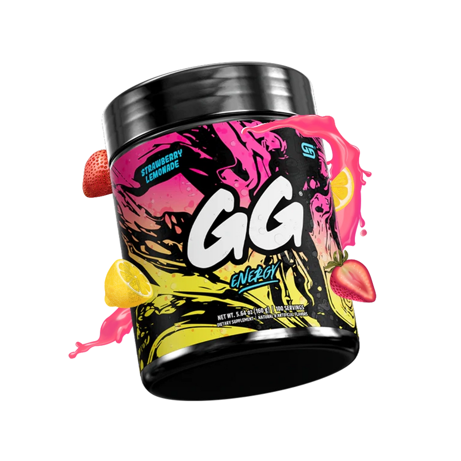 Gamersupps energy, Strawberry lemonade, tub,  product front with berries and fruits