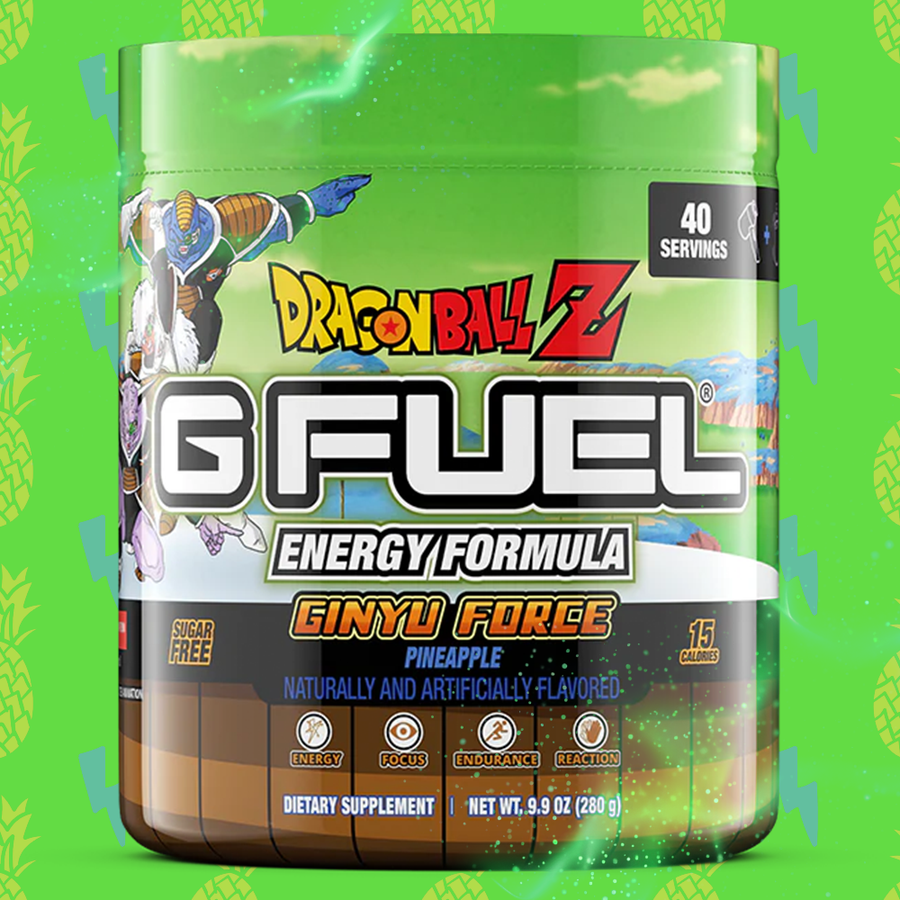 G FUEL energy, Ginyu force, Dragonball Z, tub,  product front with cool green background