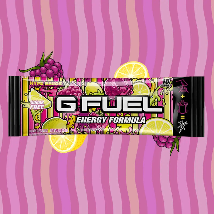 G FUEL Energy, sample pack, Hype sauce, 1 serving, product front with matching background