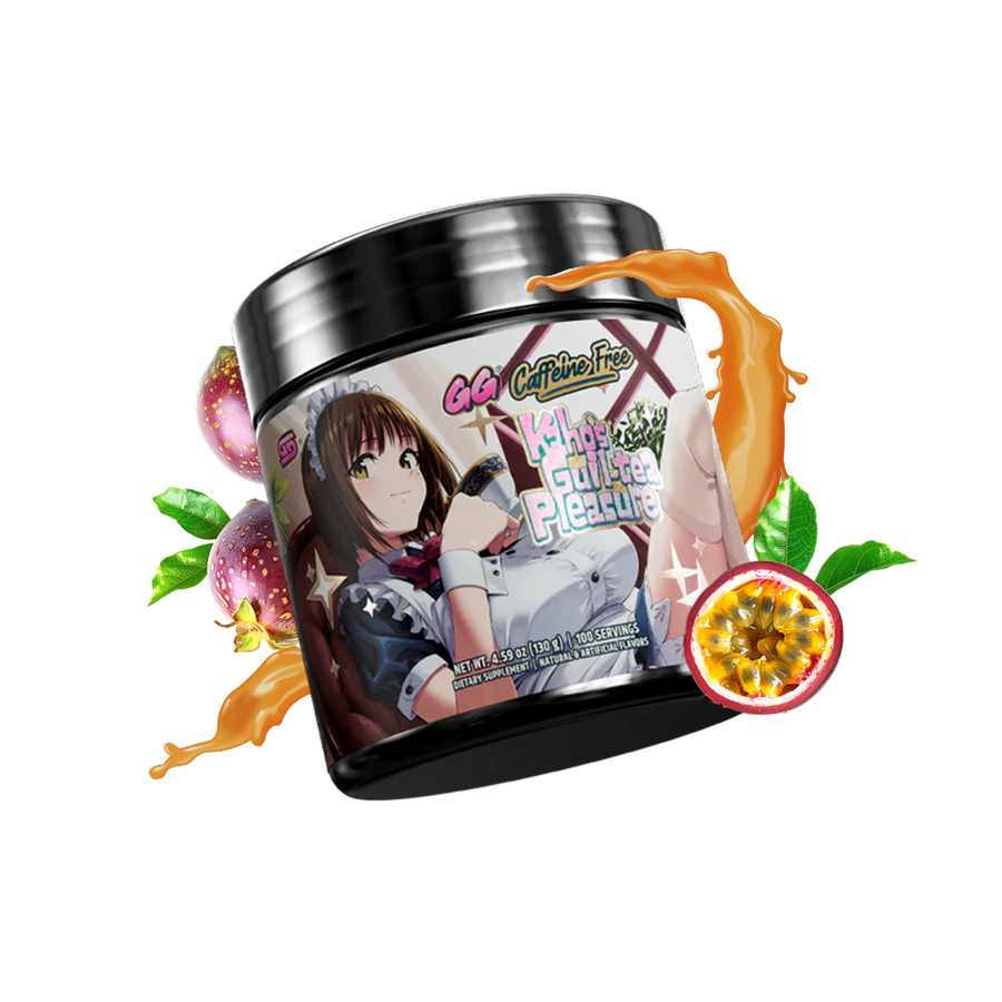 Gamersupps caffeine free, Kaho's Guil-tea pleasure, tub,  product front with fruits