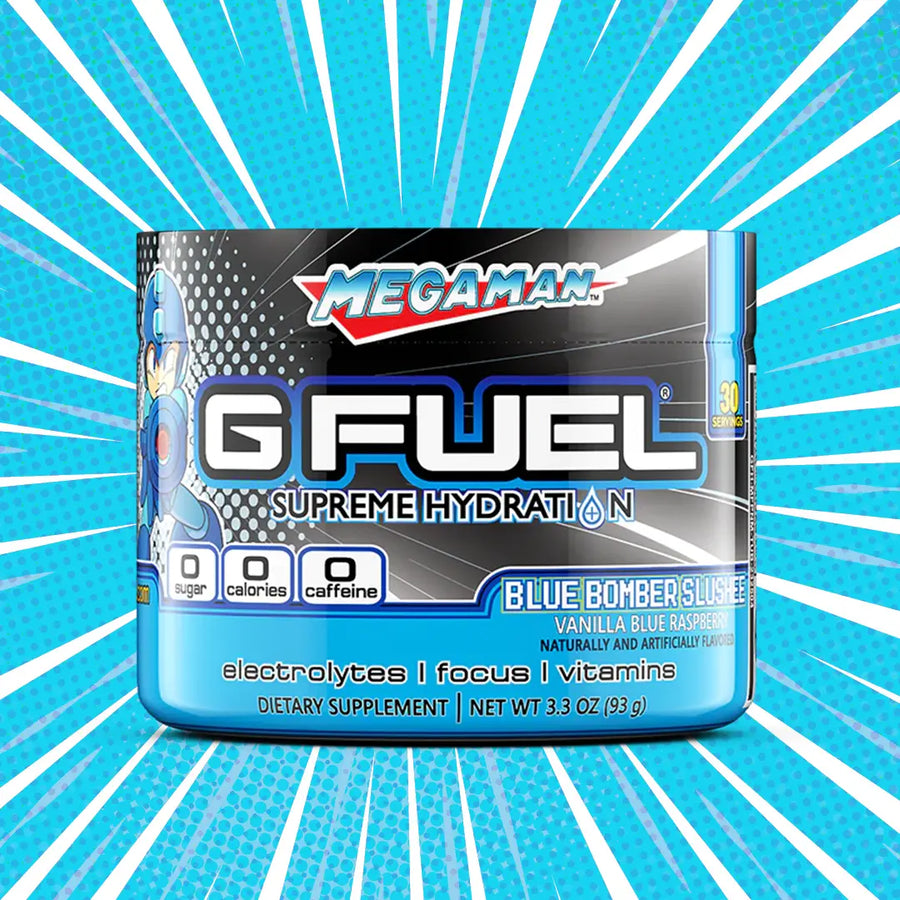 G FUEL caffeine free, Mega man, blue bomber slushee, tub,  product front with blue matching background