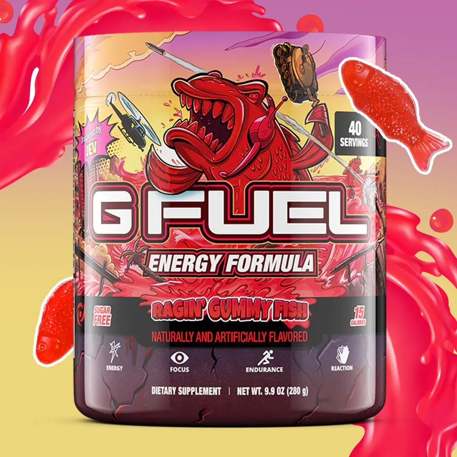 G FUEL Energy, Ragin gummy fish, tub,  product front with matching background