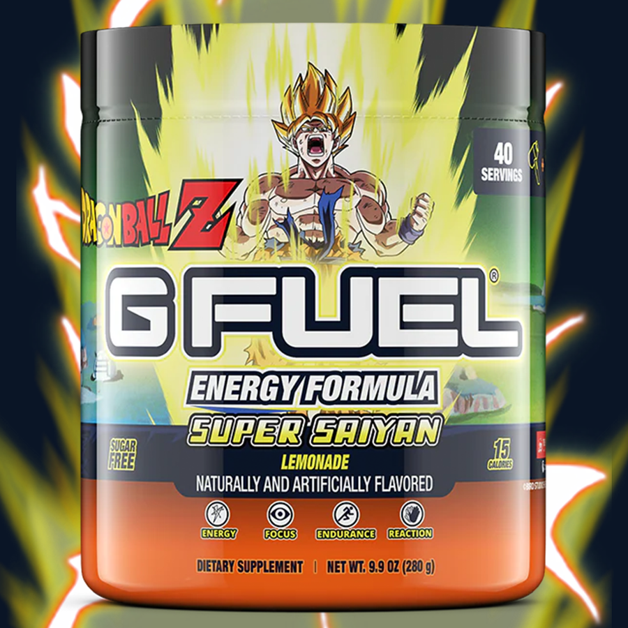 G FUEL Energy, Dragonball Z, Super Saiyan, tub,  product front with matching background