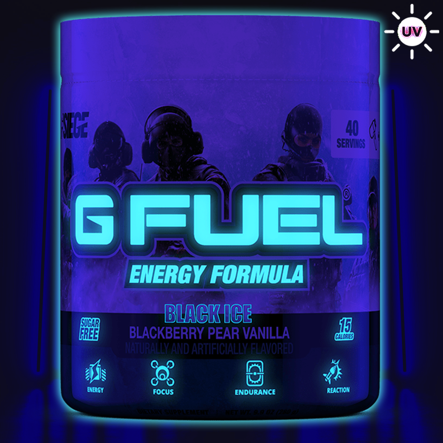 G FUEL Energy, Black Ice, Black light edition, tub, product front with matching background