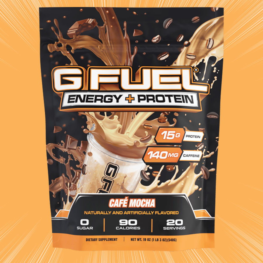 G FUEL Energy and protein powder, Cafe Mocha flavour, product front with matching background