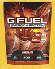 G FUEL Energy and protein powder, Chocolate flavour, product front with matching background