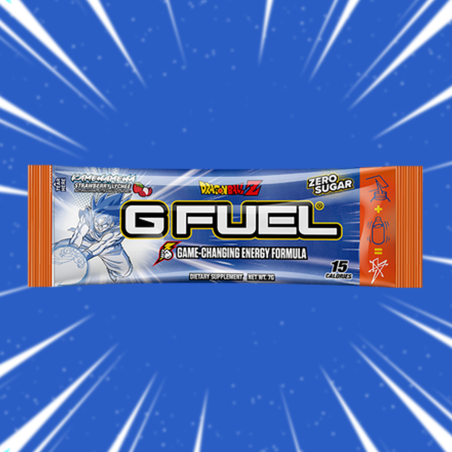 G FUEL Energy, sample pack, Dragonball Z, Kamehameha, 1 serving, product front with matching background