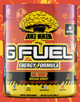 G FUEL energy, Ego Boost, Duke Nukem, tub,  product front with cool background in orange and yellow color