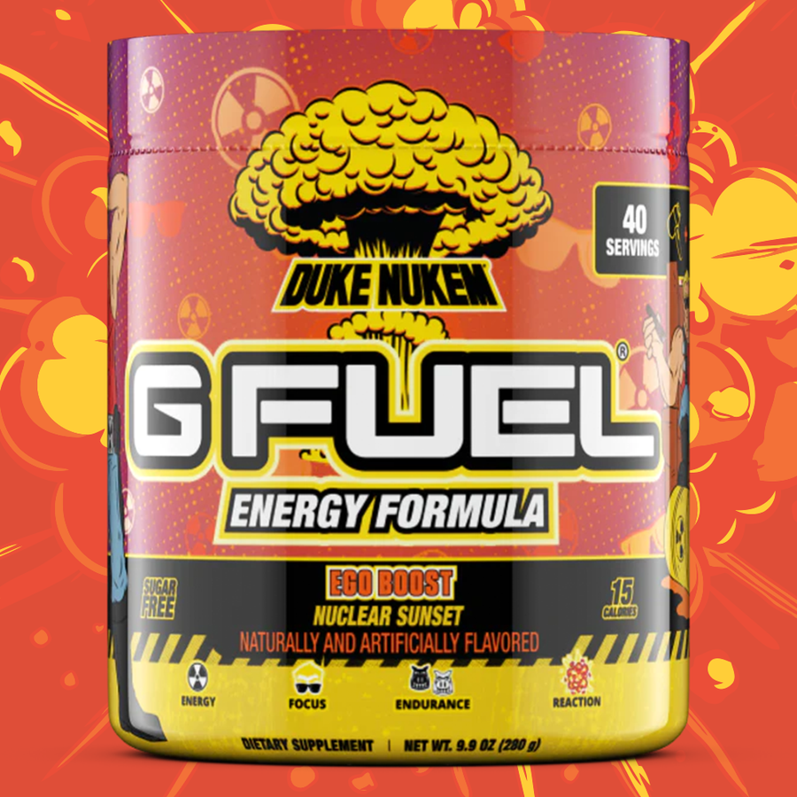 G FUEL energy, Ego Boost, Duke Nukem, tub,  product front with cool background in orange and yellow color