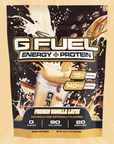 G FUEL Energy and protein powder, French Vanilla Latte flavour, product front with matching background