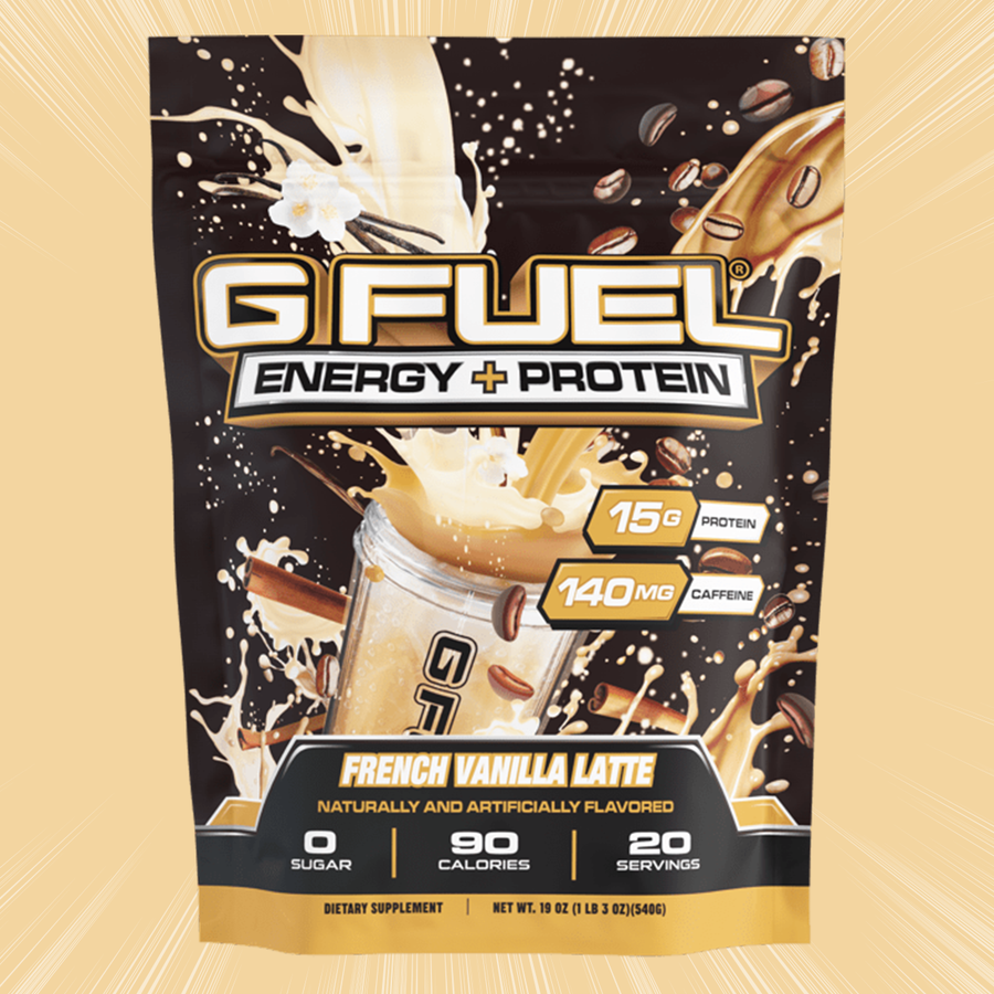 G FUEL Energy and protein powder, French Vanilla Latte flavour, product front with matching background