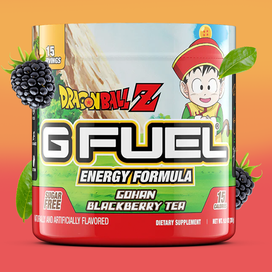 G FUEL energy, Gohan Blackberry Tea, Dragonball Z, tub,  product front with blackberries