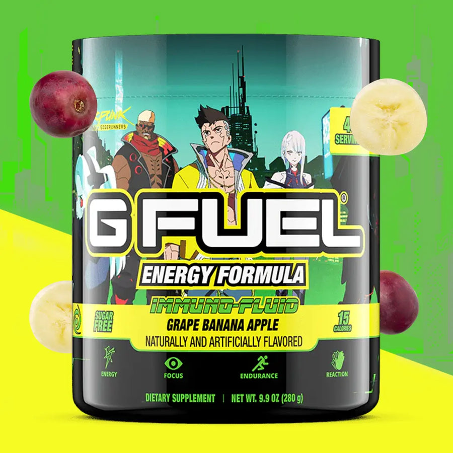 G FUEL energy, Immuno fluid, Cyberpunk, tub,  product front with fruits and matching background colors