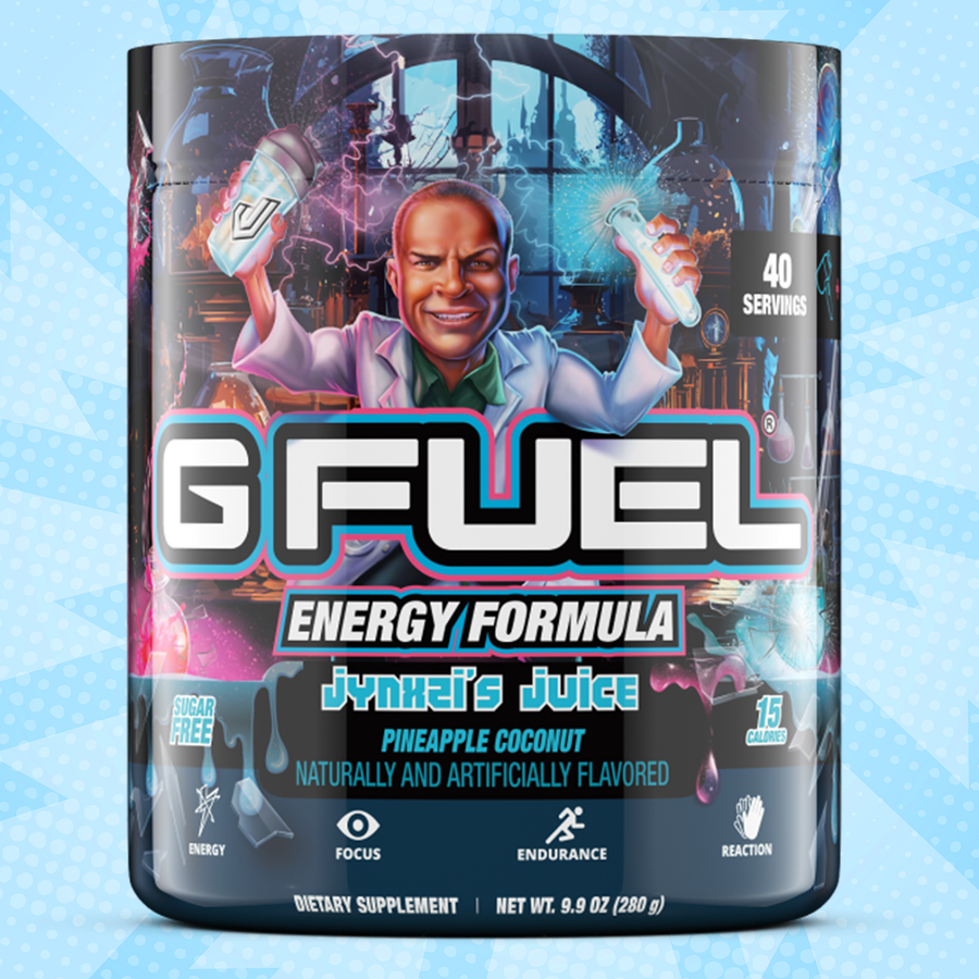 G FUEL energy, Jynxzi's juice, tub,  product front with light blue background