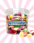 Front image of freeze dried candy rainbow pearls bucket background effect