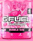 G FUEL energy, Bubble gum, tub,  product front with pink bubble gum bobbles