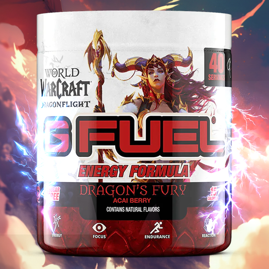 G FUEL energy, Dragon's fury, tub,  product front with lightning background