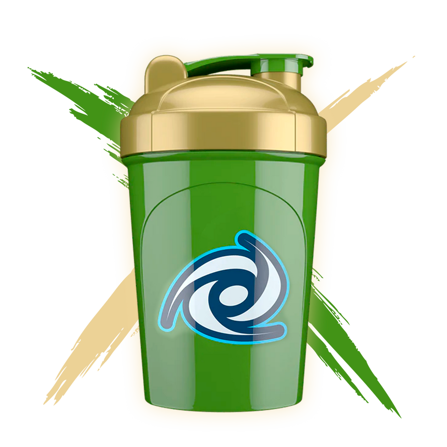 G FUEL shaker, 473 ml, Gilded green, product backside with a cool background