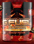 G FUEL energy, Diablo, Health potion, tub,  product front with a red hellish background