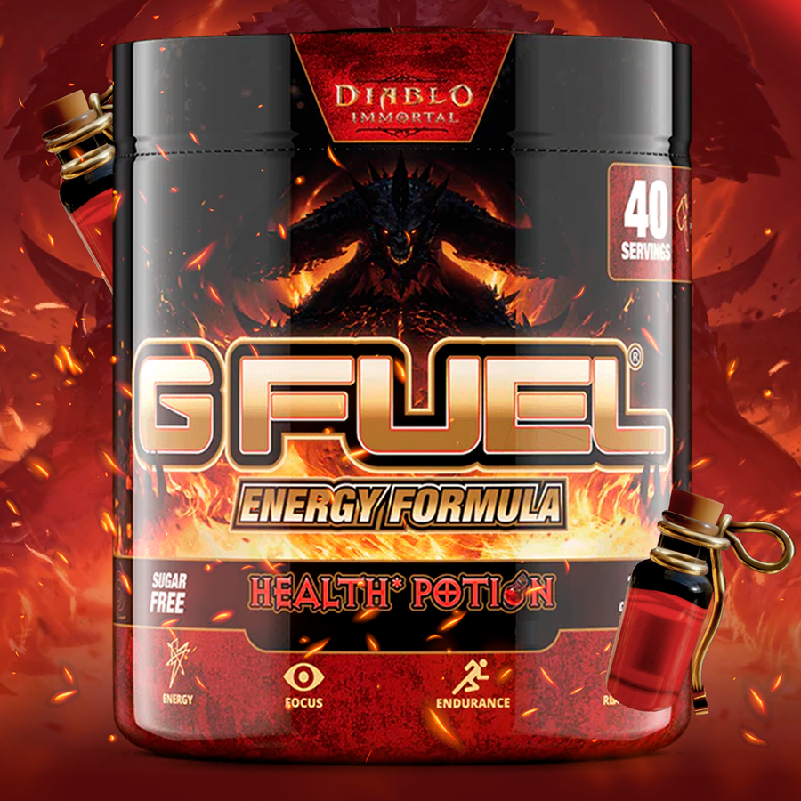 G FUEL energy, Diablo, Health potion, tub,  product front with a red hellish background