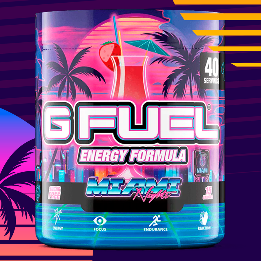 G FUEL energy, Miami nights, tub,  product front with matching background