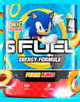 G FUEL Energy, Peach rings, tub,  product front with matching background and fruits