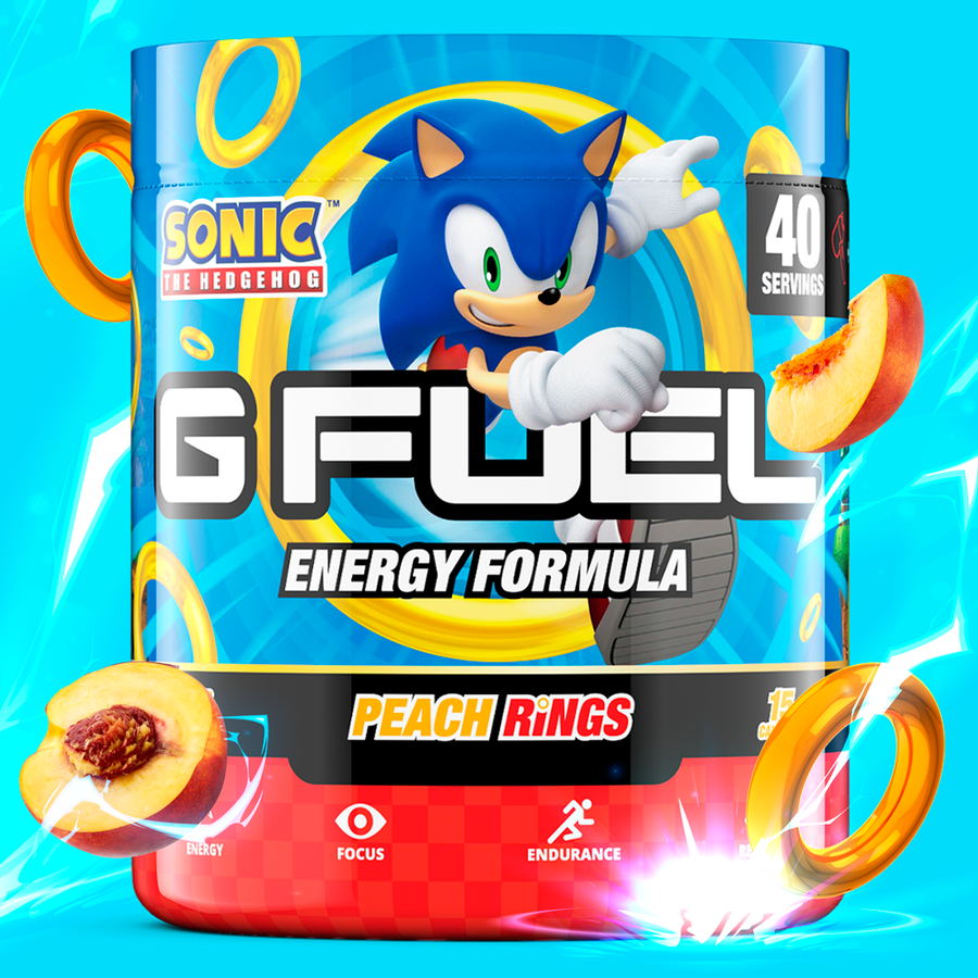 G FUEL Energy, Peach rings, tub,  product front with matching background and fruits