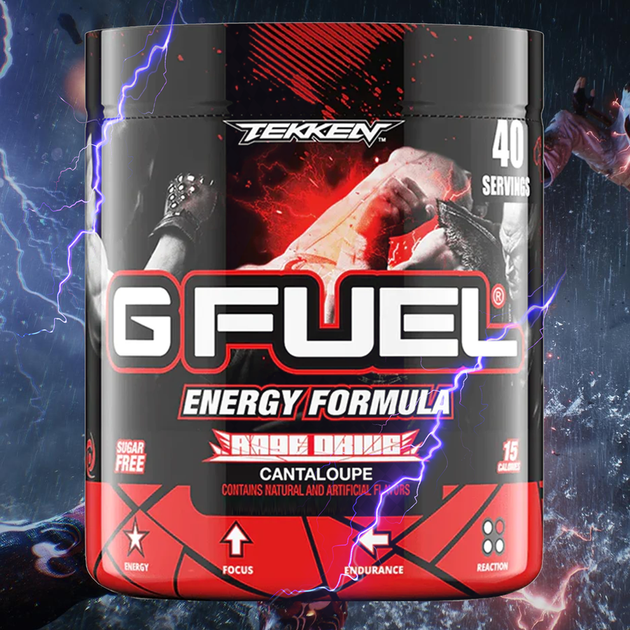 G FUEL Energy, Tekken, Rage Drive, tub,  product front with matching background