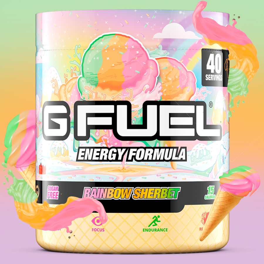 G FUEL Energy, Rainbow sherbet, tub,  product front with matching background