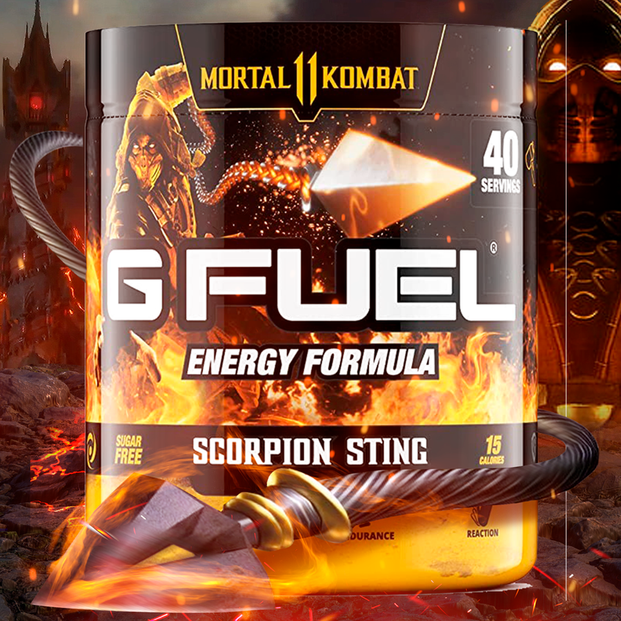 G FUEL Energy, Scorpion sting, Mortal Kombat, tub,  product front with matching background