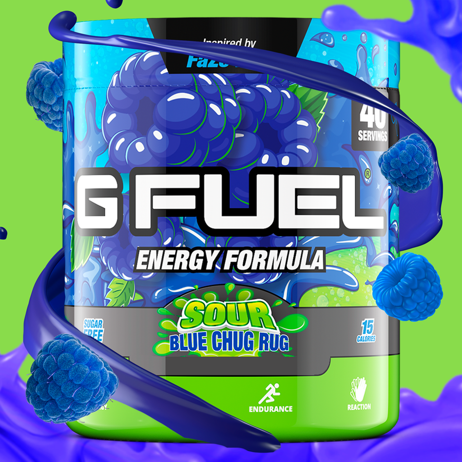 G FUEL Energy, Sour blue chug rug, tub,  product front with matching background and berries, blue raspberry