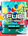 G FUEL Energy, Tropical rain, tub,  product front with matching background showing berries and fruits