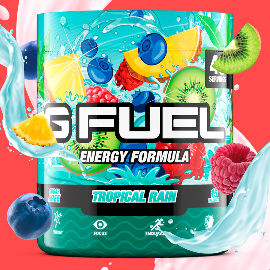 G FUEL Energy, Tropical rain, tub,  product front with matching background showing berries and fruits