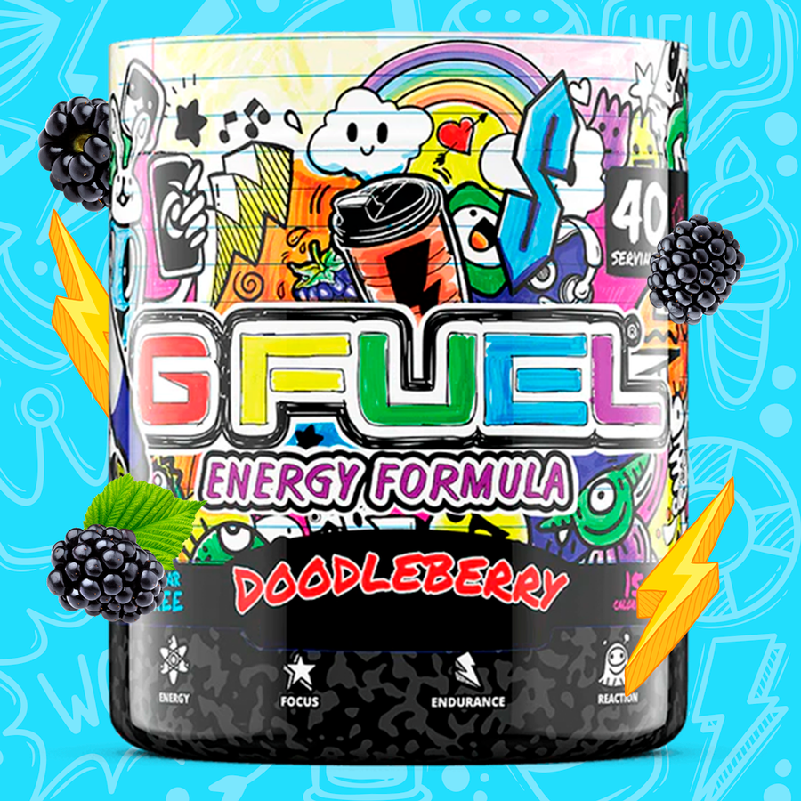 G FUEL energy, Doodleberry, tub,  product front with blackberries