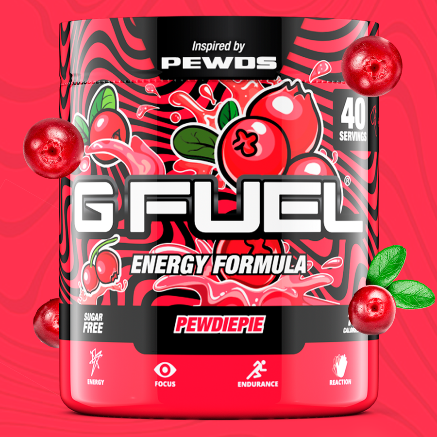 G FUEL energy, Pewdiepie, tub,  product front with matching background and lingonberry